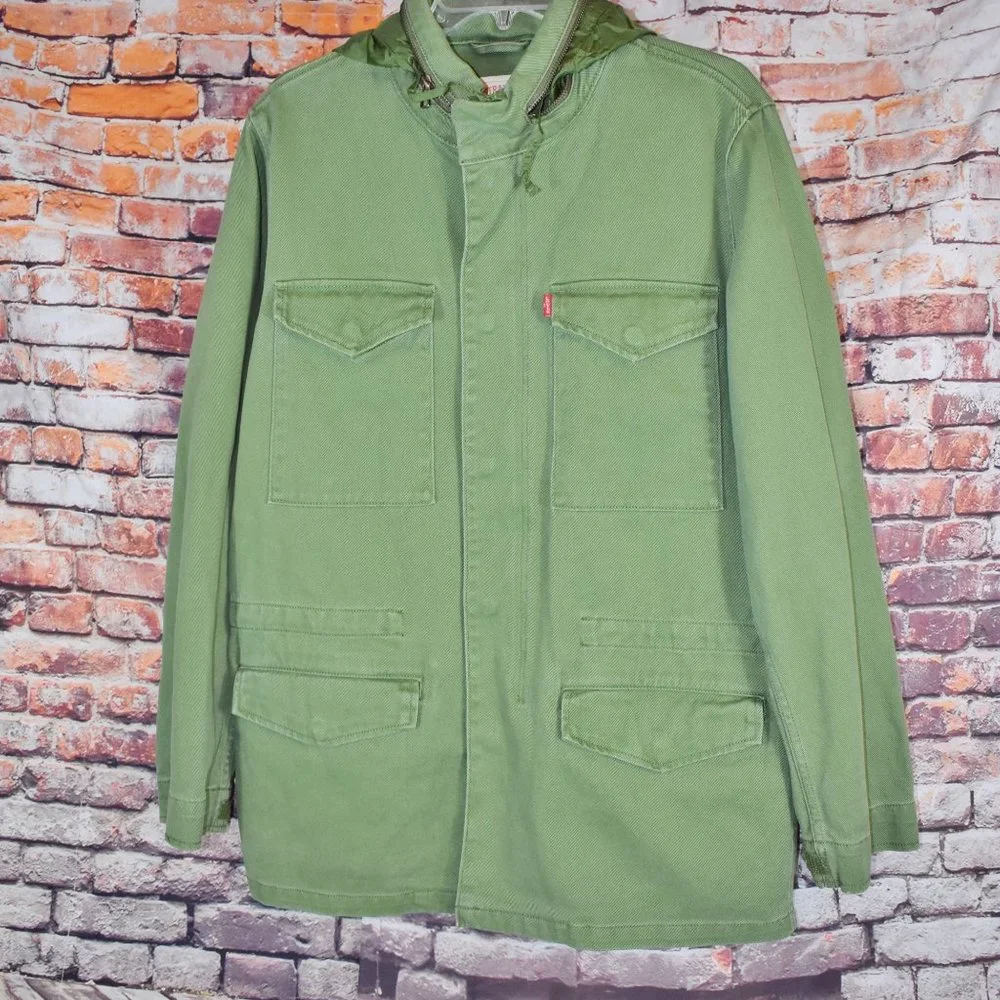 Levi's Medium Military Field Jacket Hidden Hood Army Green Parka - Picture 3 of 12